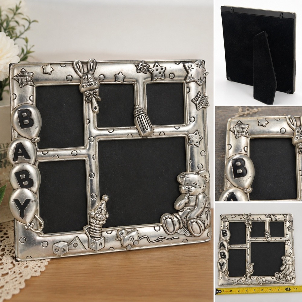 Vintage Silver Metal Baby Multi Photo Frame Teddy Bear Bunny Nursery Keepsake